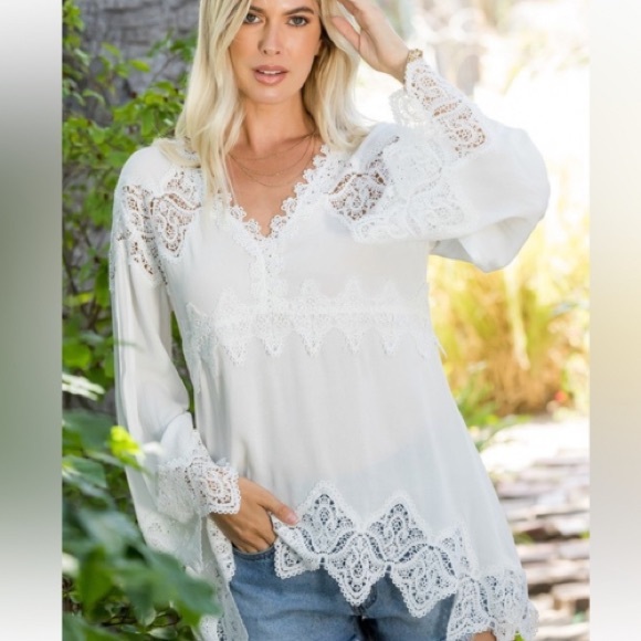 New Fabulous Boho Flowy Crochet Blouse with
Lace Trim Top - Picture 1 of 9